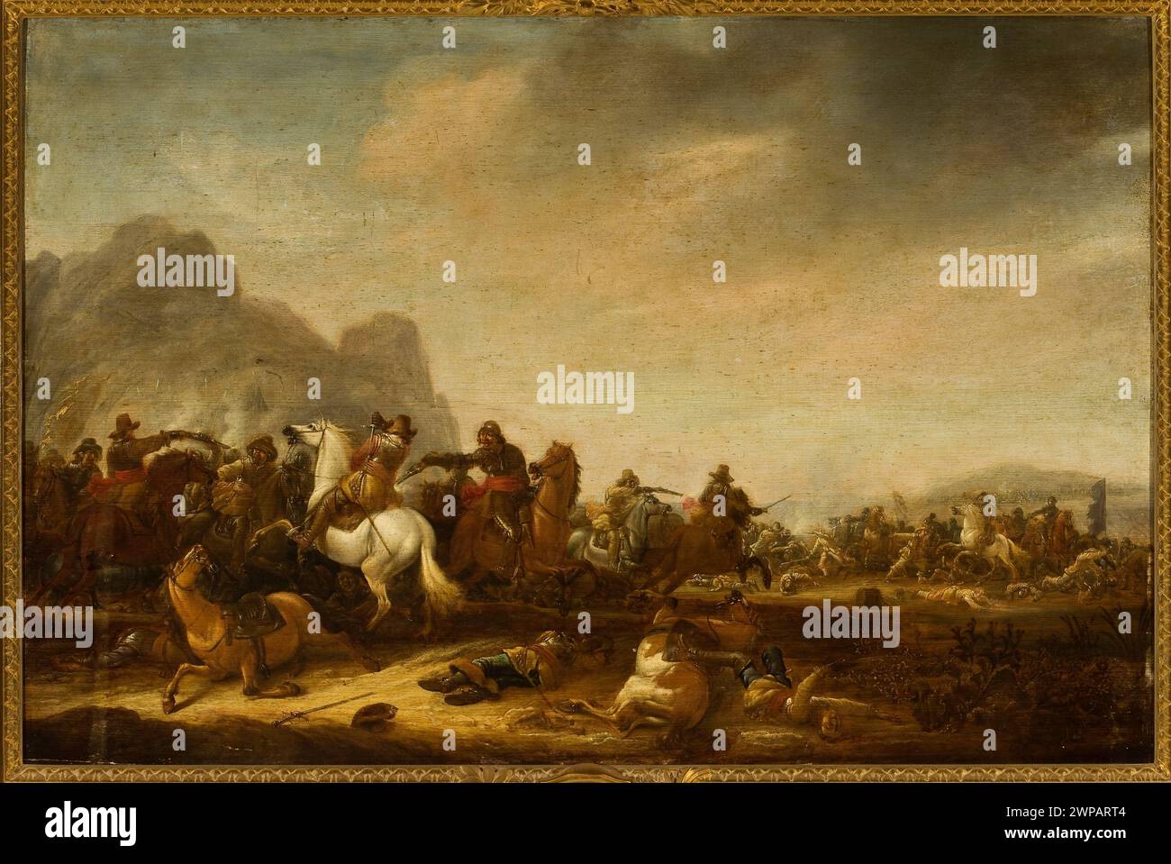 Niederländisches Gemälde von Jan de Jonge Martszen aus dem 17. Jahrhundert, das eine Schlachtszene aus dem Dreißigjährigen Krieg mit Pferden und Soldaten in Sammlungen des polnischen Nationalmuseums und des Armeemuseums darstellt. Stockfoto