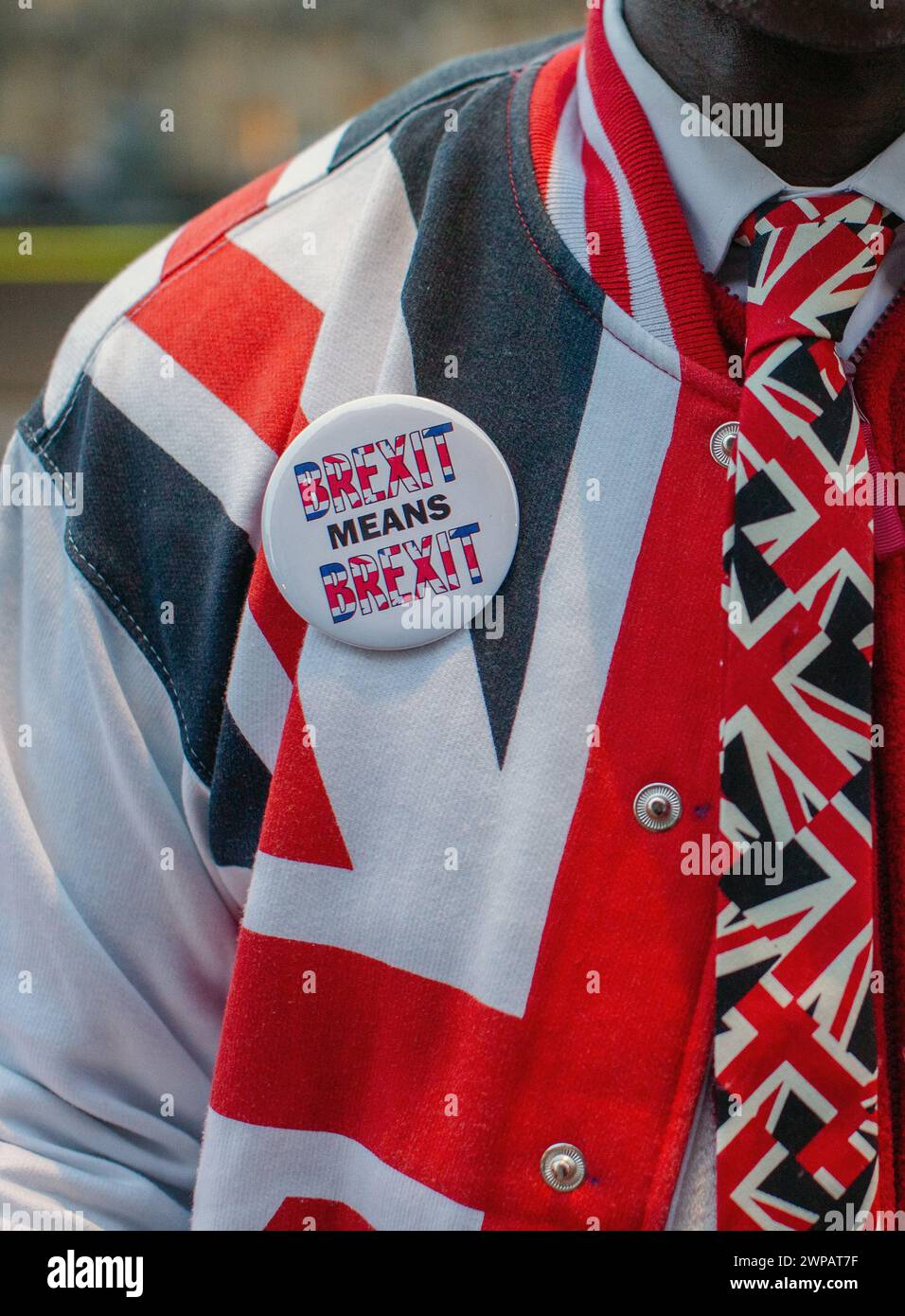 Brexit bedeutet Brexit-Aktivist mit gewerkschaftsflagge , der am 29 . Januar 2019 vor den Kammern des Parlaments protestierte . Stockfoto