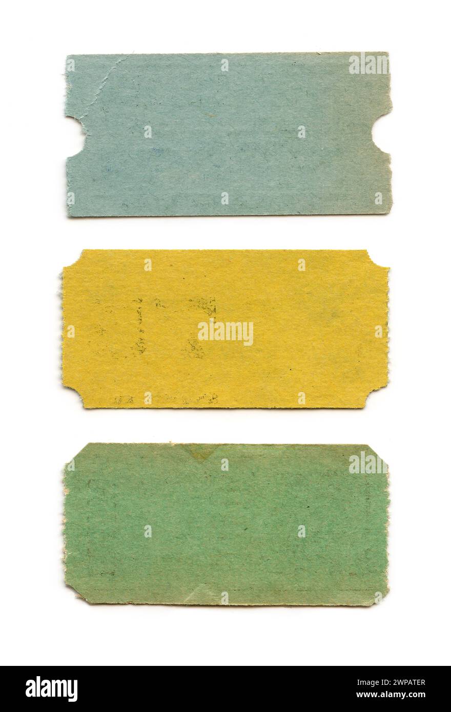 Drei Vintage Blue, Green & Yellow Tickets - isoliert, leer Stockfoto
