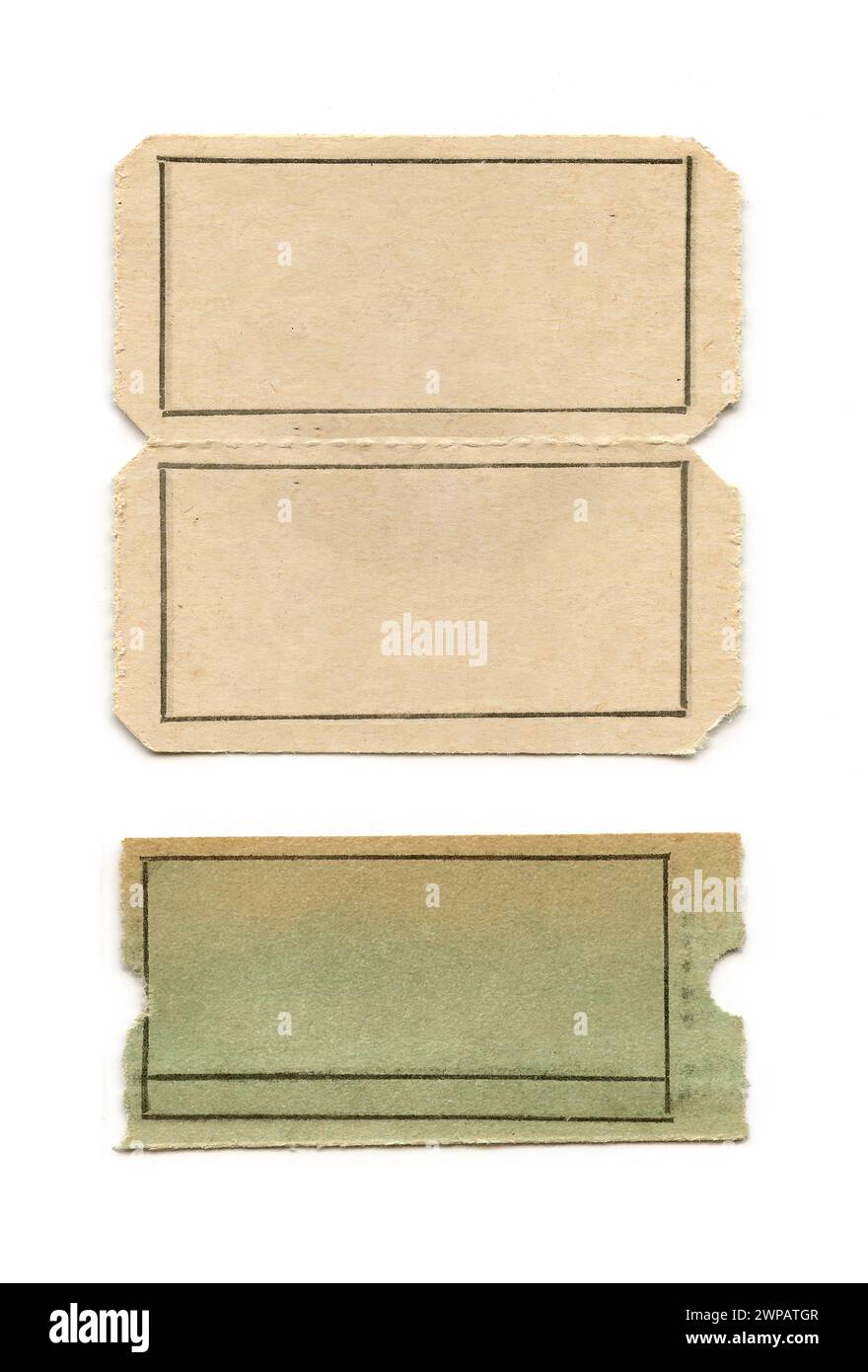Drei Vintage Blue-Green & Ivory Tickets - isoliert, leer Stockfoto