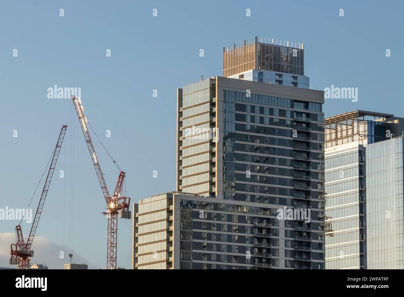 Ein Teil der Skyline in Austin TX USA mit einem blauen Himmel und einer einzigen Wolke. Stockfoto