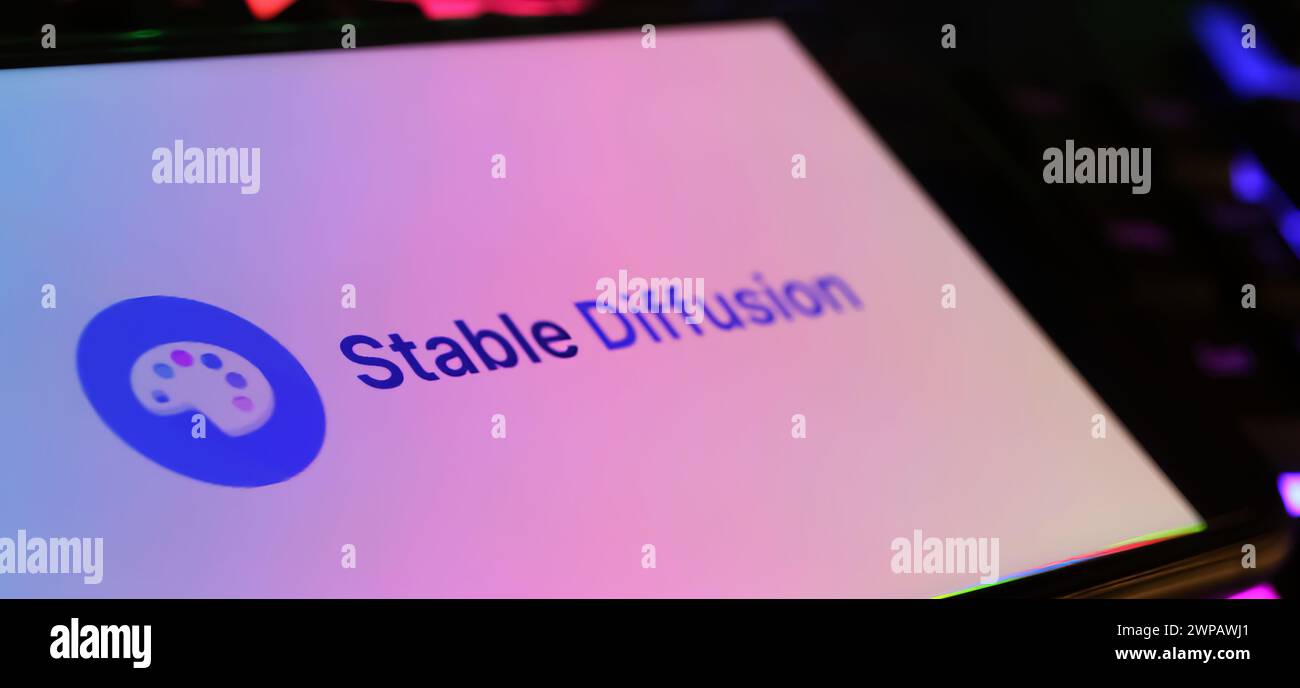 Viersen, Deutschland - 9. Februar. 2024: Großaufnahme des Smartphones mit Logo-Schriftzug Stable Diffusion auf der Computertastatur Stockfoto