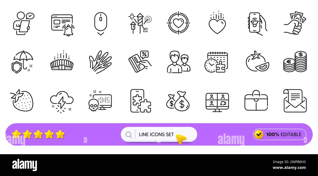 Münzen Taschen, Währung und Tomaten Linien Symbole für Web App. Piktogramsymbol. Zeilensymbole. Vektor Stock Vektor