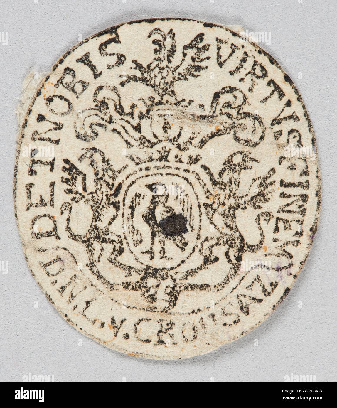ExLibris von D.N.L. v. Crousaz, mit dem Titel „Det Nobis Virtus Finm“, entstanden zwischen 1790 und 1810, verwendet als Buchbesitz mit ornamentalem Design, typisch für das 18. Und frühen 19. Jahrhundert. Stockfoto