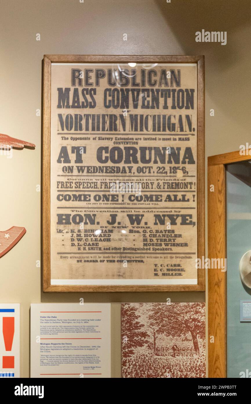 Lansing, Michigan - Das Michigan History Museum. Ein Poster wirbt für eine Konvention der Republikanischen Partei 1856, die sich gegen die Sklaverei ausspricht. Stockfoto