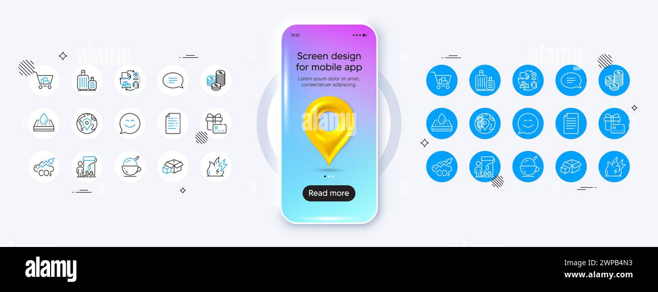 PIN, Internet Shopping und Painter Line Symbole. Für Web-App drucken. Modell des Telefons mit 3D-Kartenstift-Symbol. Vektor Stock Vektor