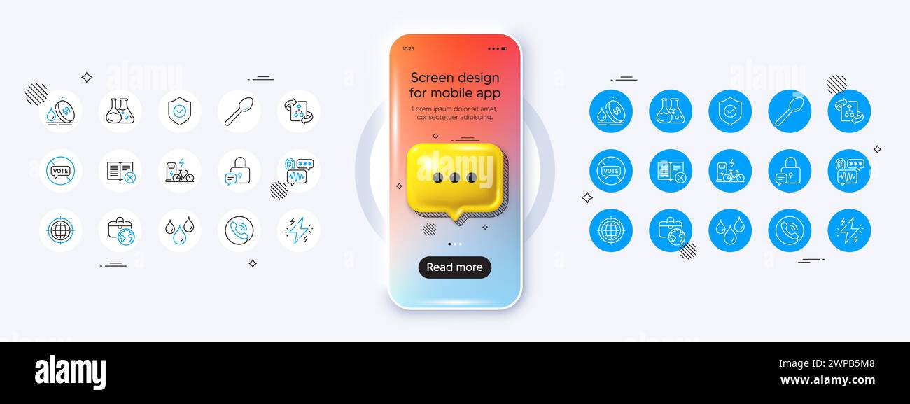 Symbole für Löffel, Kraftstoffpreis und Chemie-Laborlinie. Für Web-App drucken. Telefon-Modell mit 3D-Chat-Symbol. Vektor Stock Vektor