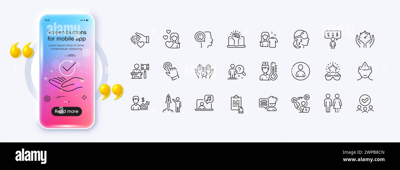 Symbole für Freiwillige, Cursor und Schlaflosigkeit für die Web-App. Piktogramsymbol. Bildschirm „Phone Mockup Gradient“. Vektor Stock Vektor