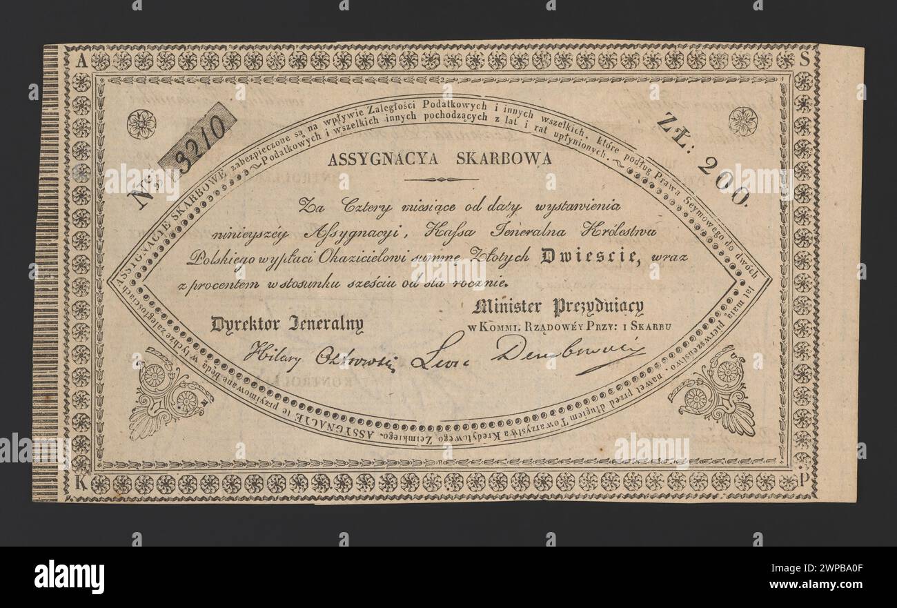 1831 ausgegebene Finanzverwaltung, ein staatlich ausgestelltes Finanzdokument, das für Zahlungen in Polen verwendet wird. Stockfoto