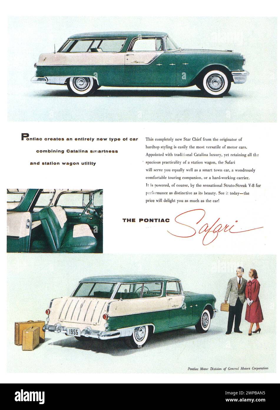 1955 Printwerbung Für Pontiac Safari Station Wagon Stockfoto