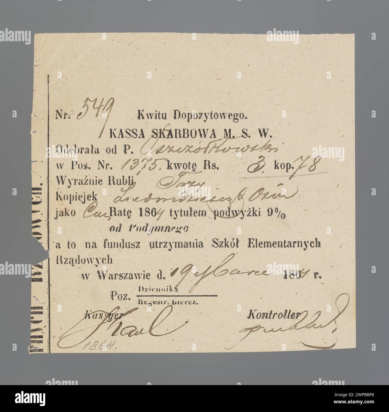 1864 von der nationalen Regierung ausgestellte Quittung, in der die Zahlung einer Steuer auf eine Untereinheit dokumentiert ist, einschließlich Datum, Zahler und amtlicher Bestätigung. Stockfoto