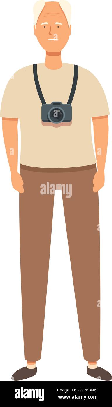 Glücklicher Opa mit Kamera Icon Cartoon Vektor. Glücklicher Urlaub. Aktive Person reisen Stock Vektor