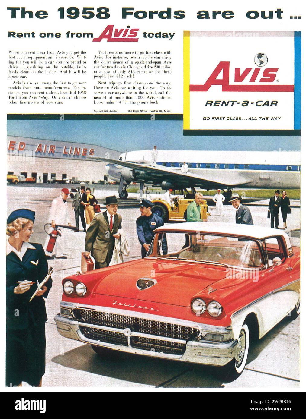 1958 Avis Rent-A-Car-Print-Werbespot mit Ford Fairlane 500 Skyliner Stockfoto