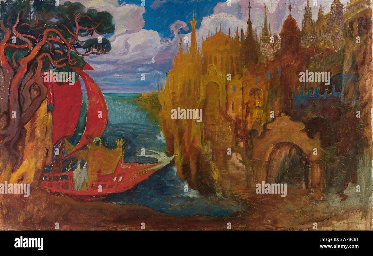 Dieses Gemälde aus dem 20. Jahrhundert zeigt fantastische Architektur und Wasserlandschaften mit fantasievollen Strukturen und surrealen Naturelementen in einer komponierten Landschaft, die die Fantasie in der bildenden Kunst veranschaulicht. Stockfoto