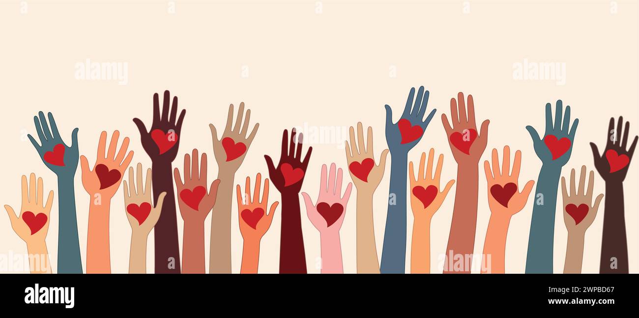 Erhobene Hände von Freiwilligen, die ein Herz halten. Vielfalt der Menschen. Wohltätigkeit und Spende. Unterstützung und Unterstützung. Multikulturelle Gemeinschaft. NICHTREGIERUNGSORGANISATIONEN. Beihilfen Stock Vektor