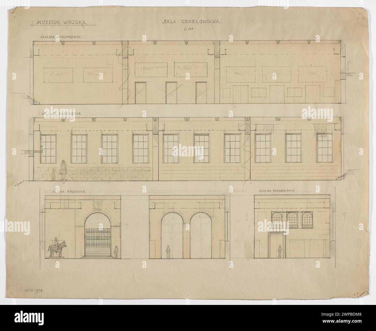 1928 architektonischer Plan des linken Flügels des Polnischen Armeemuseums in Warschau mit dem Bannerraum (Gwana), dem Ausstellungsaufbau und den Elementen der Inneneinrichtung von Gembarzewski und Tadeusz. Stockfoto