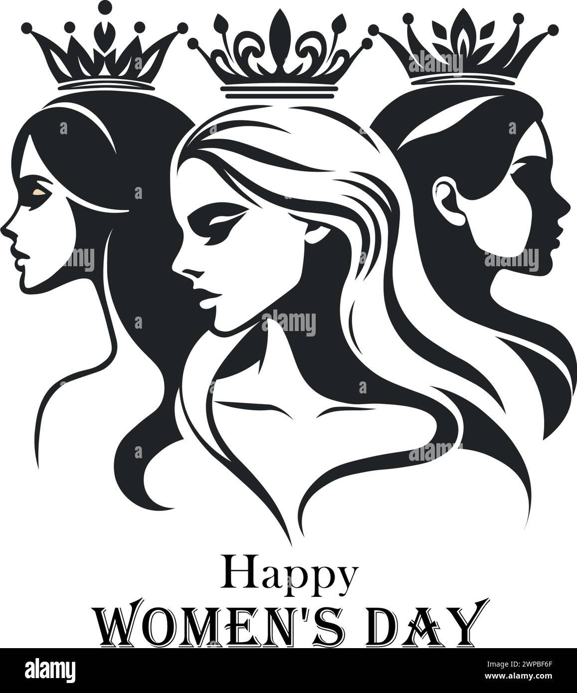 Auffällige Schwarz-weiß-Illustration, die drei Frauen mit Kronen zeigt, symbolisiert Regalität und Stärke mit dem Text Happy WOMEN's DAY, der einen ehrt Stock Vektor