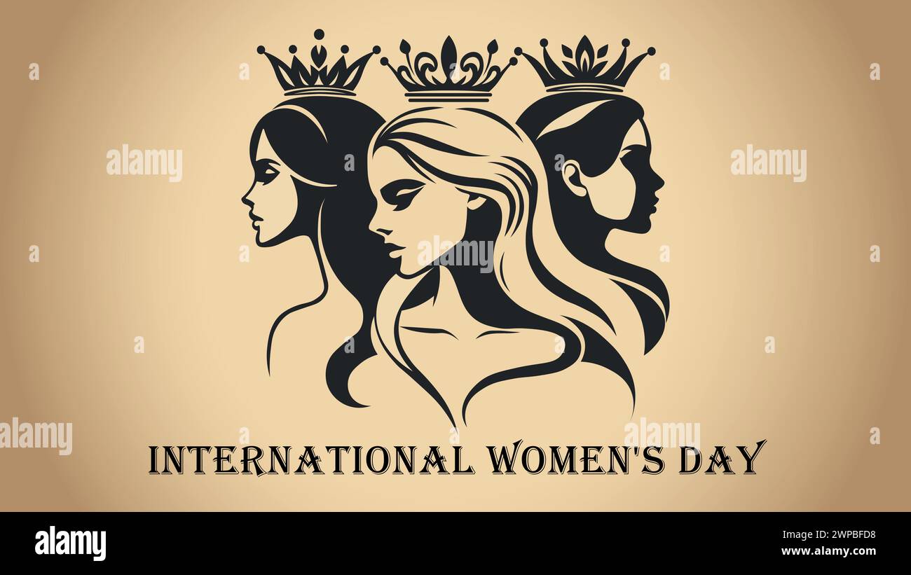 Drei gekrönte weibliche Figuren symbolisieren Empowerment und Schwesternschaft vor einem warmen Hintergrund für den Frauentag. Stock Vektor