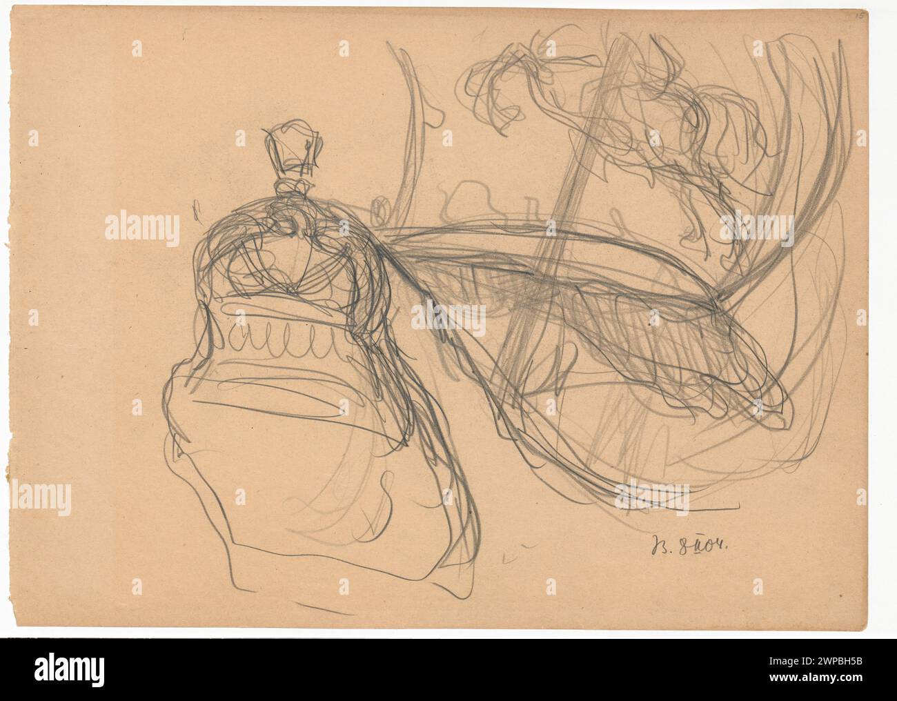 Eine Kreuzigung des Kreises, eine Laterne auf dem Schnabel, eine Skizze nach dem Bild von NEC Mergitur; am oberen Rand des Fragments von Pogoń; Ruszczyc, Ferdynand (1870-1936); 1904 (1904-00-00-1904-00); Partage Plus, Pogoń (Wappen), Straßenlaternen, Schiffe, Skizzen, Skizzen für Gemälde, Kauf (Herkunft) Stockfoto