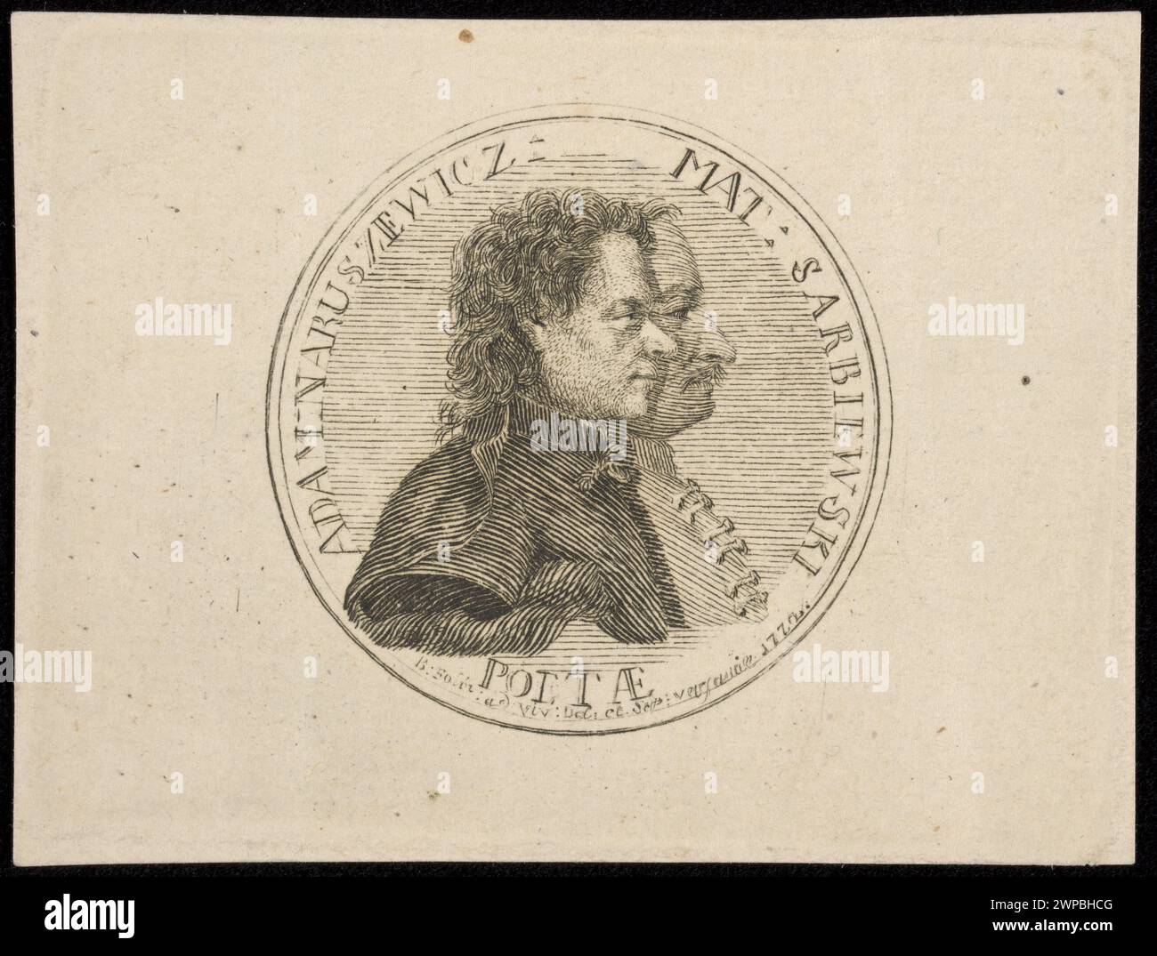 1772 von Johann Philip Holzhaeusser geschaffenes Medaillon mit Adam Naruszewicz und Maciej Sarbiewski, das gravierte Porträts und Inschriften auf der Vorderseite hervorhebt. Stockfoto