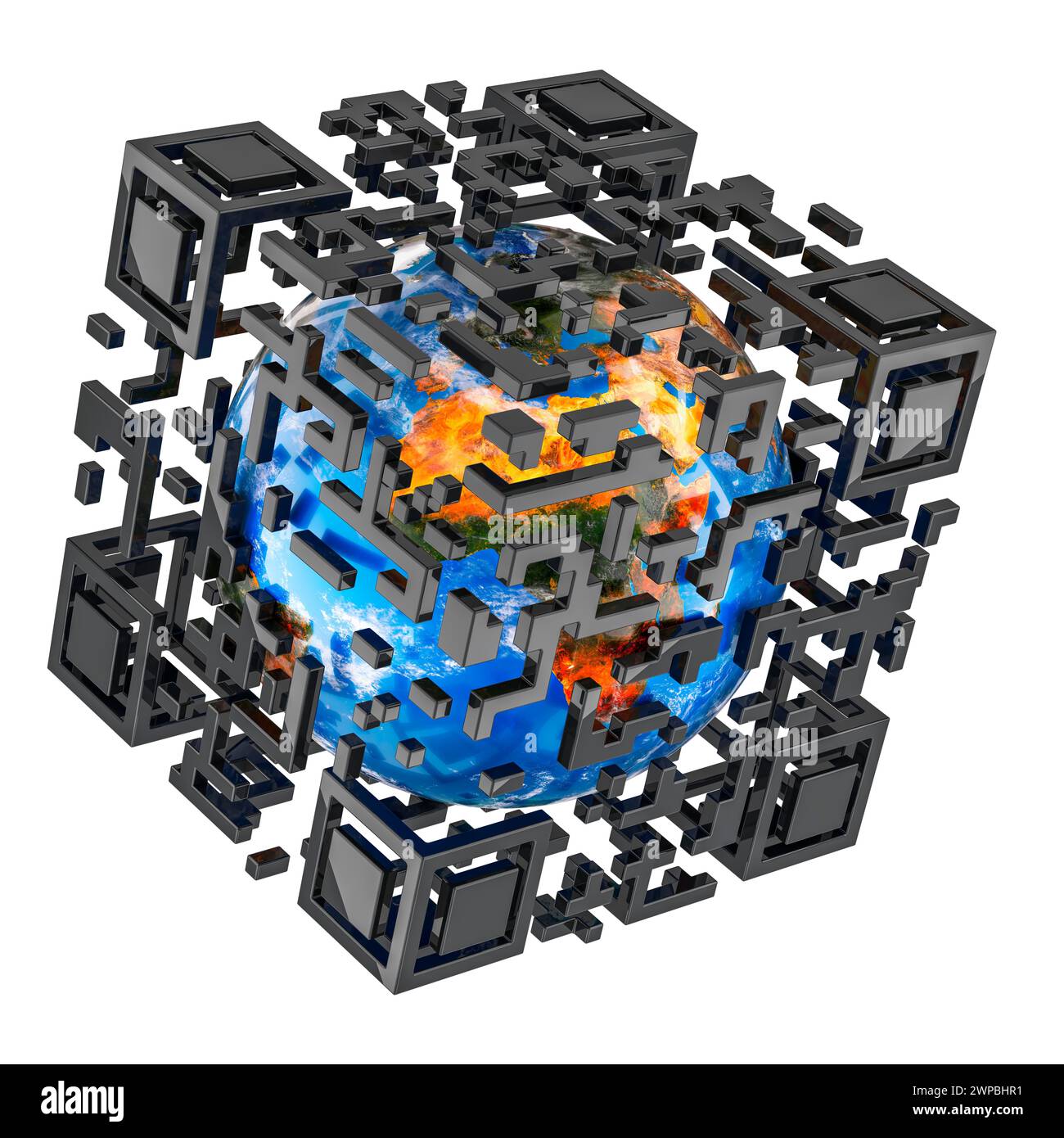 QR-Code-Cube mit Earth Globe innen, 3D-Rendering isoliert auf weißem Hintergrund Stockfoto