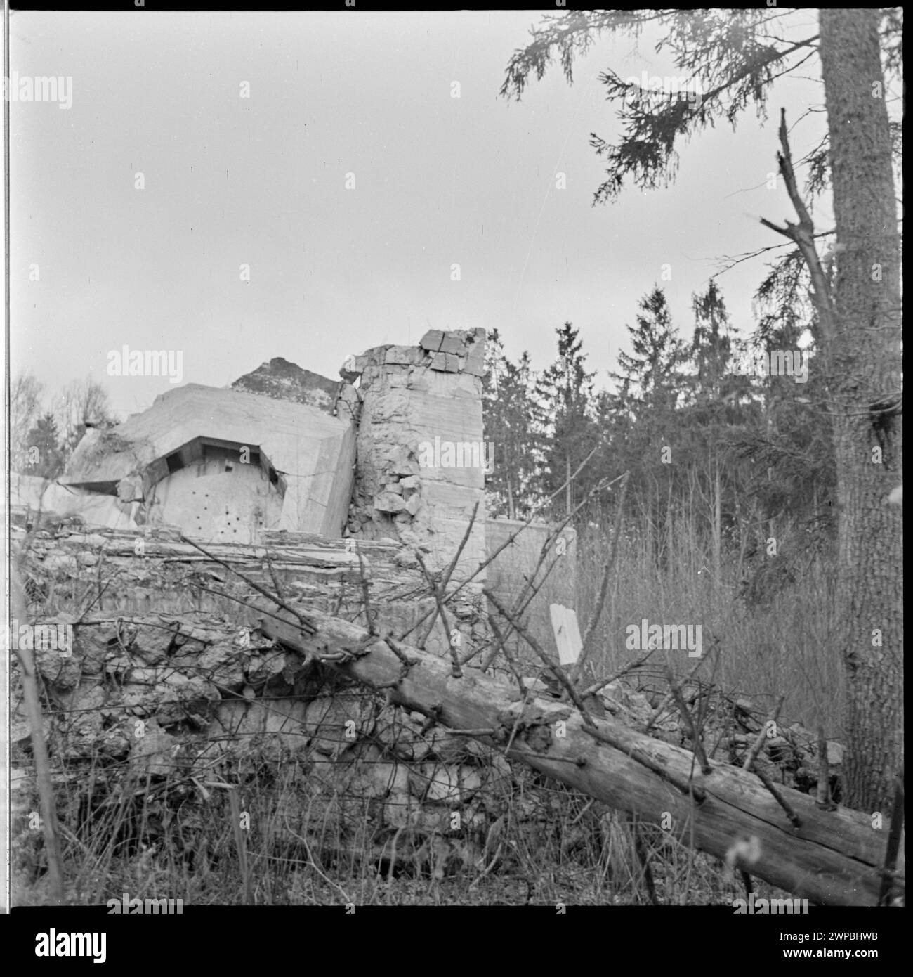 Überreste eines Bunkers in Wilcze Szańc, Adolf Hitlers Hauptquartier, fotografiert 1953 für eine historische Dokumentationsreihe. Stockfoto
