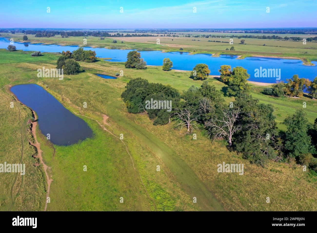 Elbfluß mit Keuchen, Luftaufnahme, Deutschland, Niedersachsen, Wendland, Biosphaerenreservat Niedersaechsische Elbtalaue Stockfoto