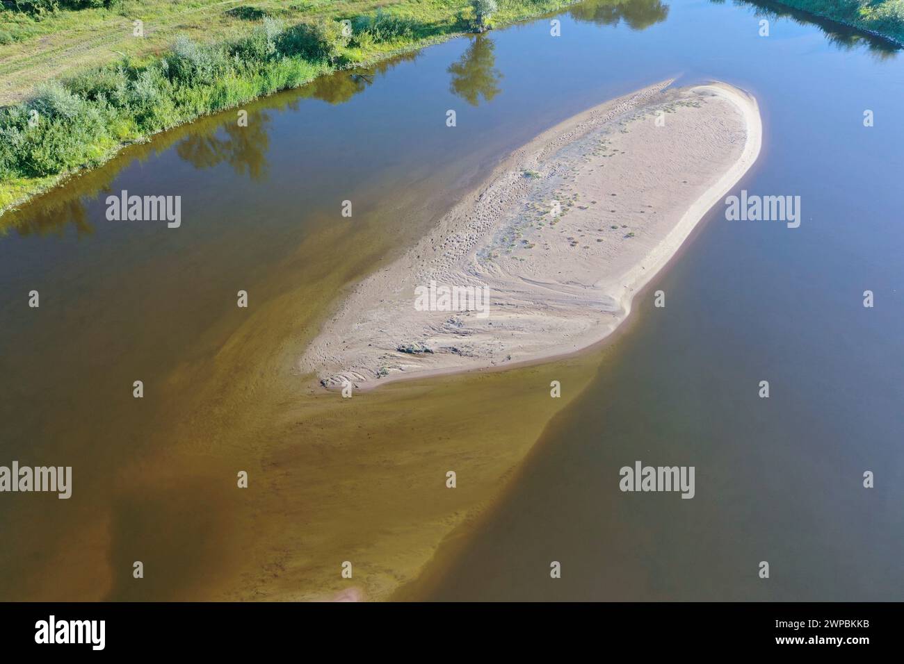 Sandbank in der Elbe, Luftaufnahme, Deutschland, Niedersachsen, Wendland, Biosphaerenreservat Niedersaechsische Elbtalaue Stockfoto