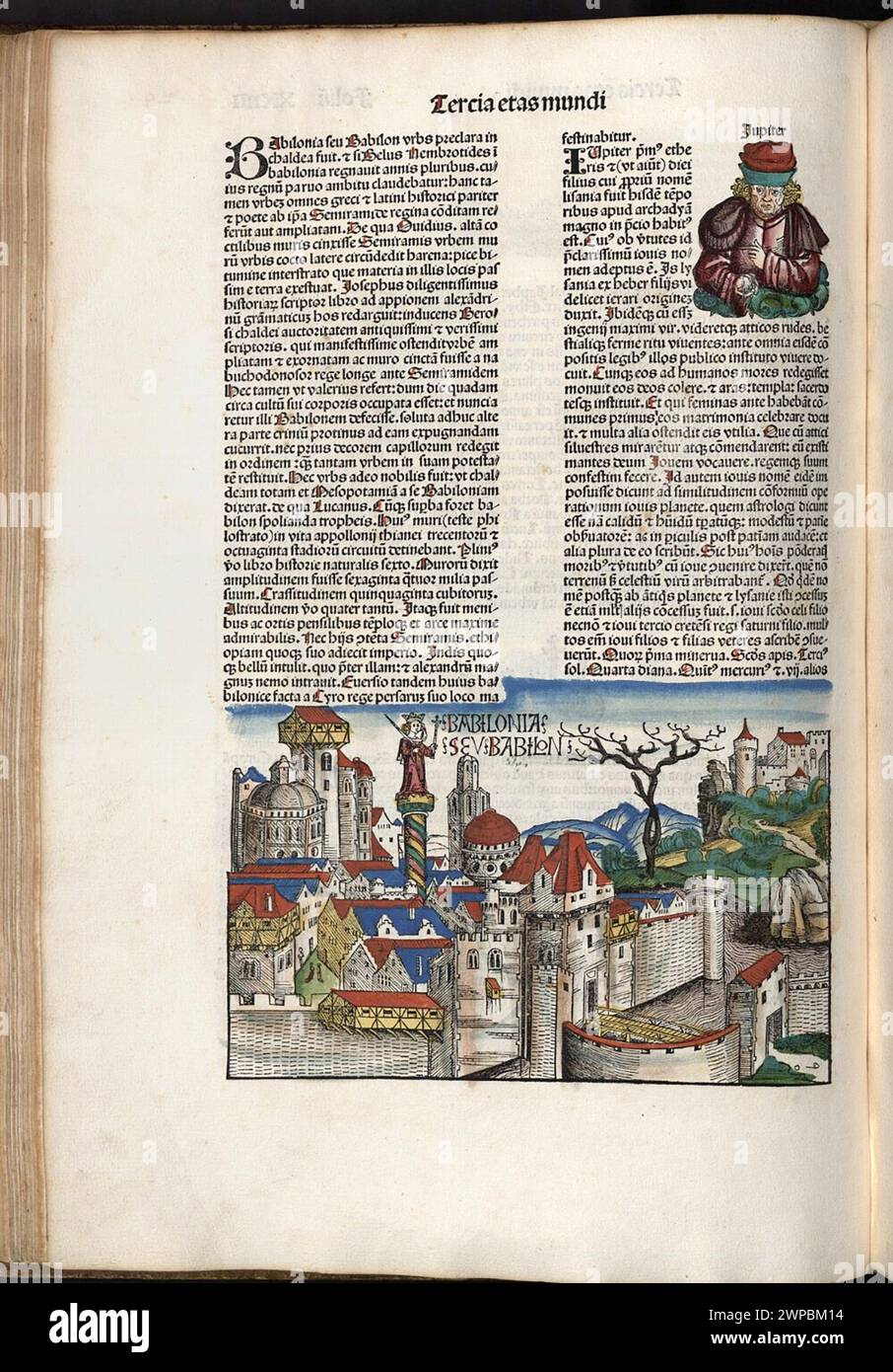 Schöne Holzschnittseiten aus der Nürnberger Chronik von 1493, die eine Enzyklopädie über Weltereignisse, Mythologie und christliche Geschichte ist. Dieses außergewöhnliche Werk war eines der frühesten Bücher, die jemals gedruckt wurden und das erste, das erfolgreich Text und Bilder integriert. Diese Seiten zeigen lateinischen Text und eine Gravur Babylon Stockfoto