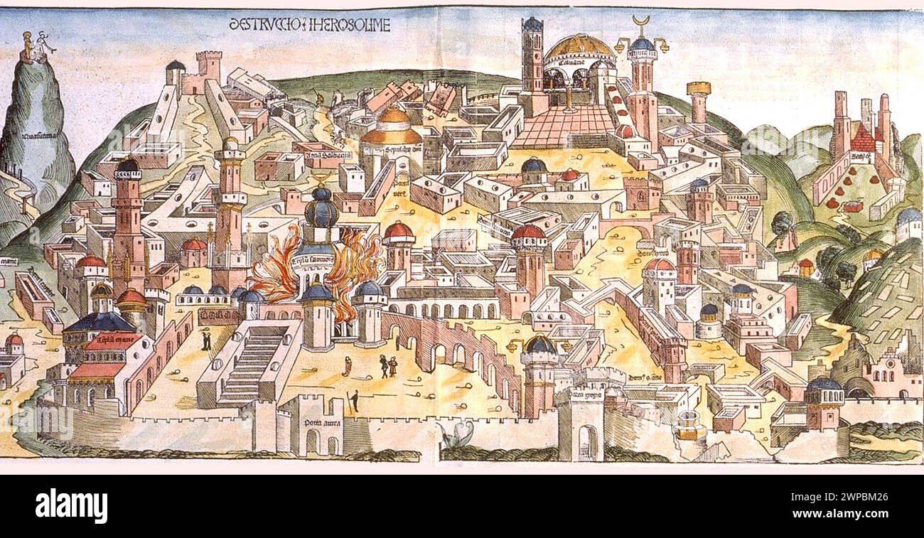 Ein schöner Holzschnitt aus dem Jahr 1493 der Zerstörung Jerusalems. Diese Illustration stammt aus der Nürnberger Chronik, die eine Enzyklodpedie über Weltereignisse, Mythologie und christliche Geschichte ist. Dieses außergewöhnliche Werk war eines der frühesten Bücher, die jemals gedruckt wurden und das erste, das erfolgreich Text und Bilder integriert. Stockfoto