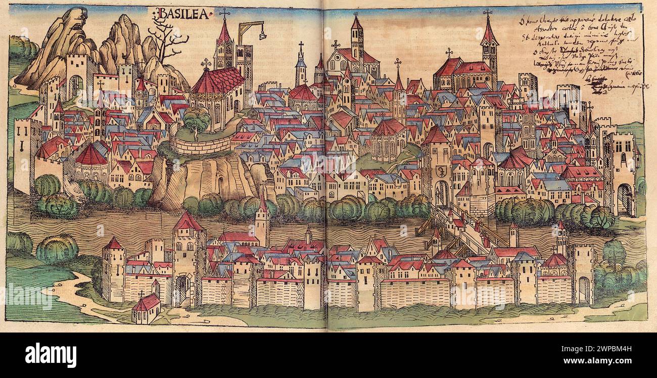 Ein schöner Holzschnitt aus dem Jahr 1493 der Stadt Basilea (heute Basel) in der Schweiz. Diese Illustration stammt aus der Nürnberger Chronik, die eine Enzyklodpedie über Weltereignisse, Mythologie und christliche Geschichte ist. Dieses außergewöhnliche Werk war eines der frühesten Bücher, die jemals gedruckt wurden und das erste, das erfolgreich Text und Bilder integriert. Stockfoto
