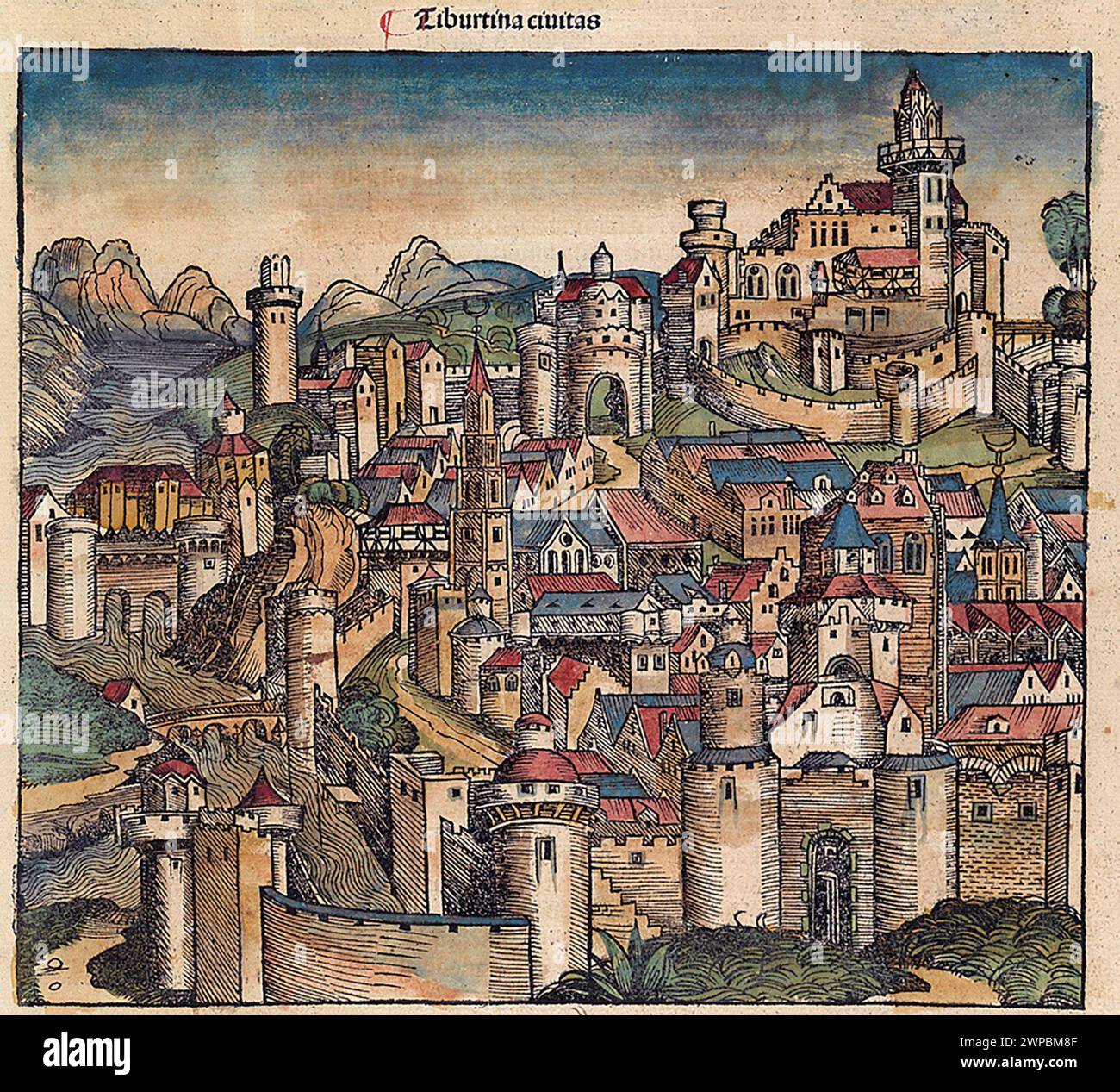 Ein schöner Holzschnitt aus dem Jahr 1493 der Stadt von. Diese Illustration stammt aus der Nürnberger Chronik, die eine Enzyklodpedie über Weltereignisse, Mythologie und christliche Geschichte ist. Dieses außergewöhnliche Werk war eines der frühesten Bücher, die jemals gedruckt wurden und das erste, das erfolgreich Text und Bilder integriert. Stockfoto