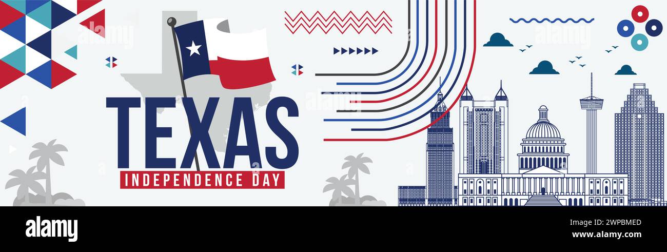 Texas Independence Day Banner mit berühmten Gebäuden, Texas schwenkende Flagge Thema Geometrisches abstraktes Design Karte mit Wahrzeichen, Unabhängigkeitstag Stock Vektor
