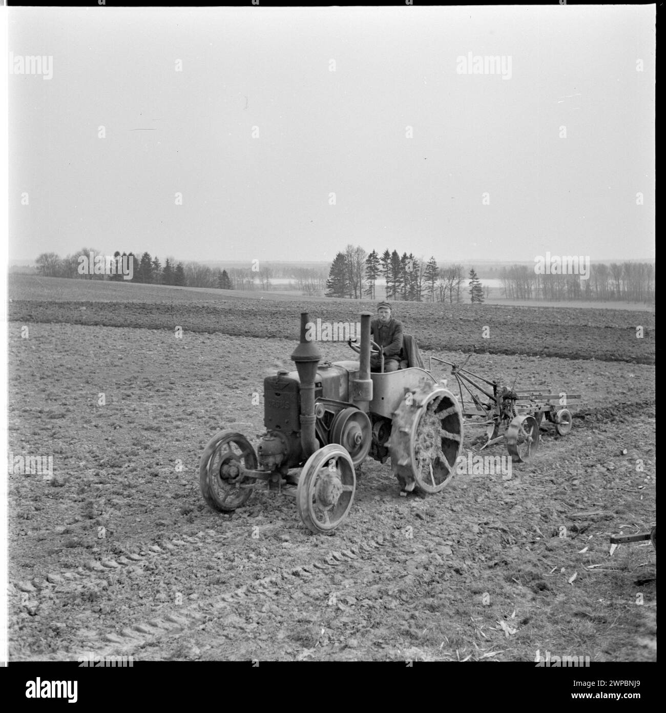 Foto, das den ersten Ursus-Traktor der Nachkriegszeit (Nr. 00001) dokumentiert, der 1954 bei der Staatsfeuerwehr in Karsk Pyrzycki Feldaufgaben durchführte und mechanisierte landwirtschaftliche Praktiken demonstriert. Stockfoto