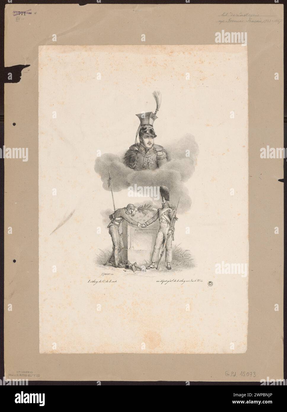 Dieses 1818 in Leipzig erbaute Denkmal ehrt das Buch Józef Poniatowski und enthält französische Grafiken, ein Lorbeerzweigsymbol und Hinweise auf Militärfiguren aus der Napoleonischen Zeit. Zu den beteiligten Künstlern zählen Carel Christian Anthony Last und Francisque-Martin-Francois Grenier de Saint-Martin, deren Provenienz als Geschenke aufgezeichnet wurde. Stockfoto