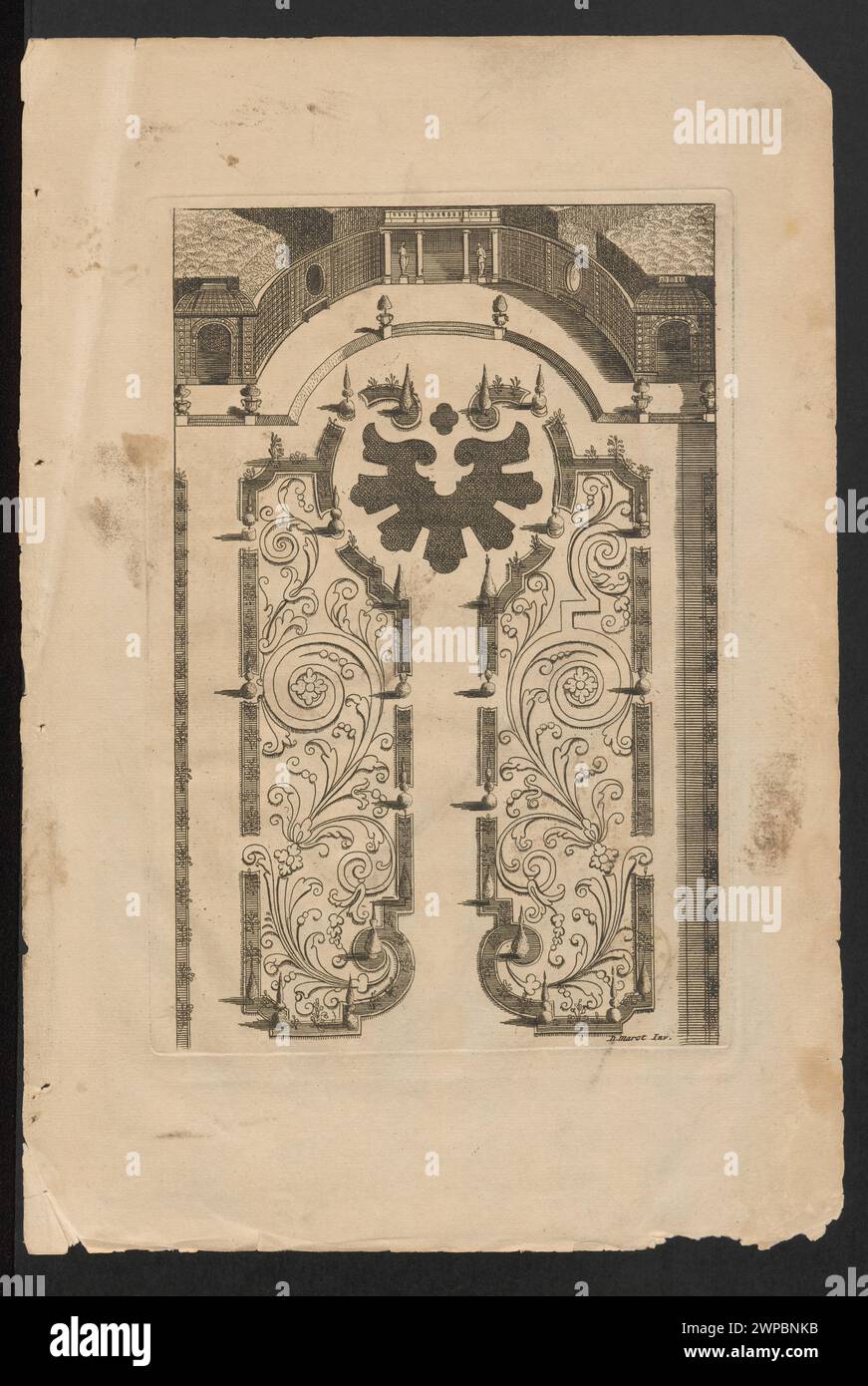 Blick auf den Pavillon des Paneels und Garten von 3/4 aus der Vogelperspektive; unbekannt, Marot, Daniel (1661-1752; St.); nach 1703 (1663-00-00-1752-00-00);Magdalenaea (Sammlung), Schlesisches Museum der Bildenden Künste. Bibliothek (Wrocław - ante 1945) - Sammlung, Französisch (Kultur), Gärten, Pavillons (Archite.), Paläste, Projekte Stockfoto