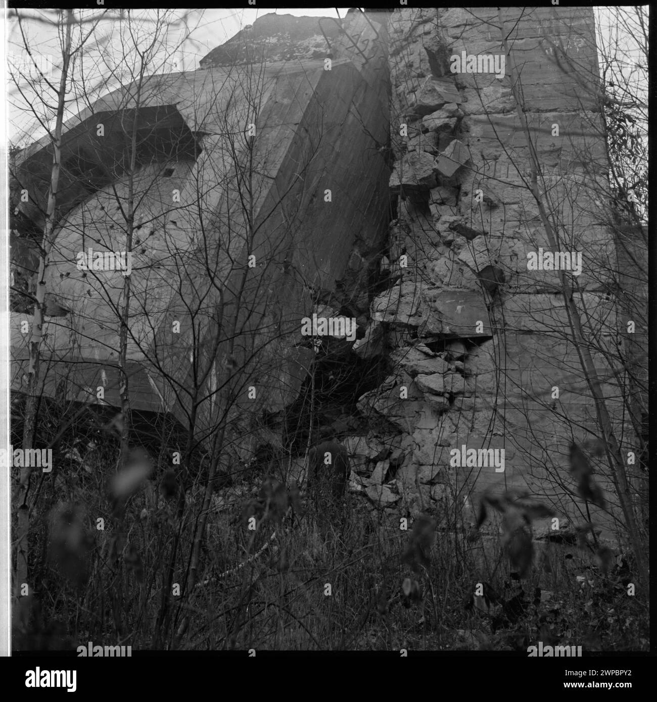 Das Gebiet von "Wolfsform", dem Leiter des Hauptquartiers Adolf Hitlers - der Rest eines Bunkers; von einer Fotoserie zu dem artikel von Miroszek Azembski "auf dem Feld" Mierci Erntefeld "," Wiatr '1953, Nr. 49, S. 20; Pra 1953 (1953-00-00-1953-00); Stockfoto