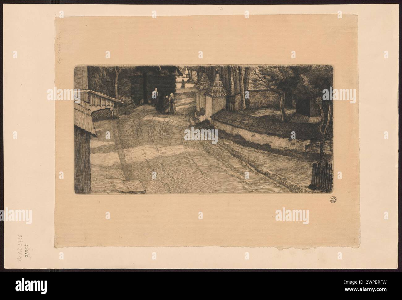 Darstellung der Dorfbewohner vor einer Kirche in Poronin von Ignacy Łopieński (1865-1941), 1903, die Ethnographie, das Dorfleben, die Architektur, Teil der Kollektion Young Poland Style und polnische Grafiken. Stockfoto