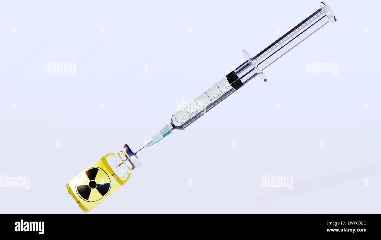 3D-Darstellung radioaktiver intravenöser Arzneimittel mit Nadel und Spritze zur Injektion eines Arzneimittels Stockfoto