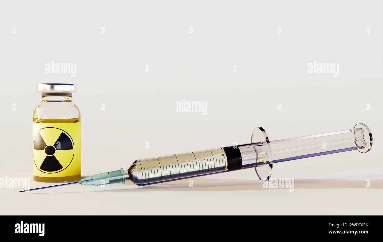 3D-Darstellung radioaktiver intravenöser Arzneimittel mit Nadel und Spritze zur Injektion eines Arzneimittels Stockfoto