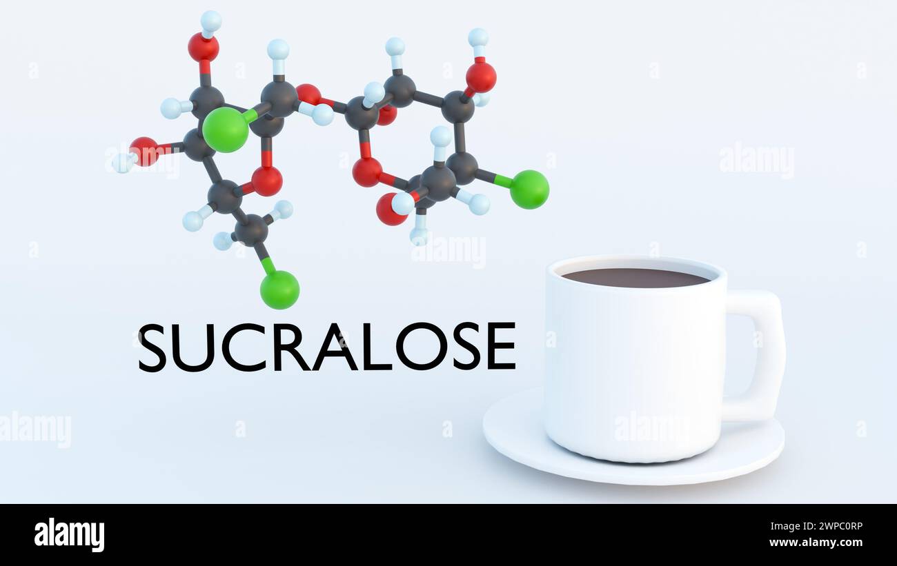 3D-Rendering des Sucralose-Moleküls ist ein kalorienfreier künstlicher Süßstoff Stockfoto