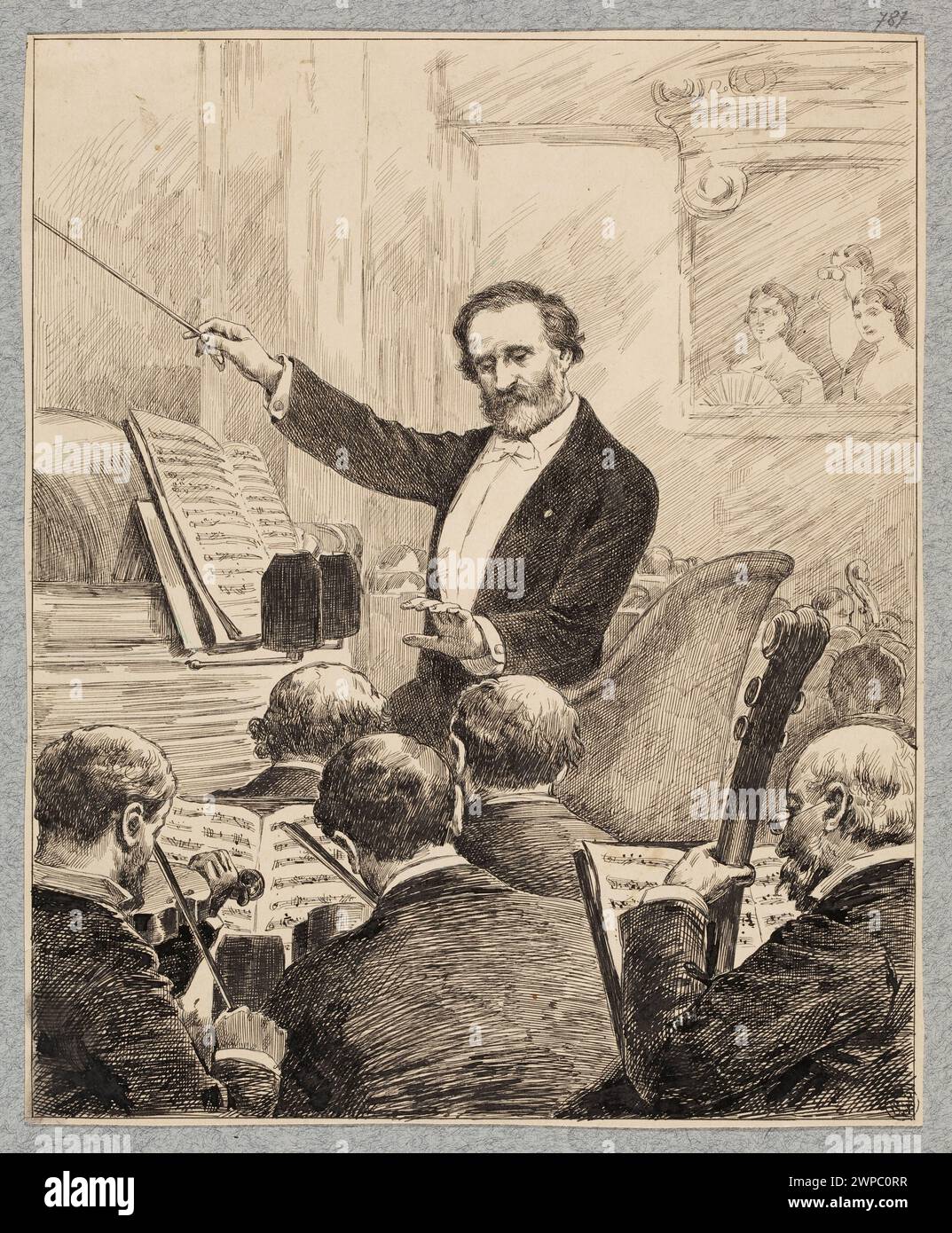 Das Bild von 1880 zeigt den Komponisten Giuseppe Verdi, der die Oper „Aida“ dirigiert, mit Orchestern, Musikern, Violine, Cello, und Theatereinrichtung. Es ist Teil der Sammlungen Dominik Witke-Jeżewski und Stanisław Patek und repräsentiert Opernaufführungen und Dirigierpraktiken des 19. Jahrhunderts. Stockfoto