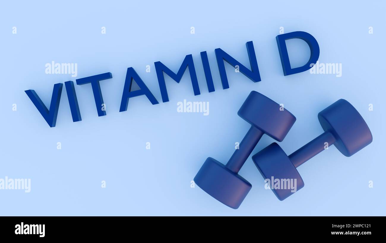 Die 3D-Darstellung von Vitamin D und Hantel als Symbol des Vitamin-D-Status korreliert positiv mit der Muskelkraft Stockfoto