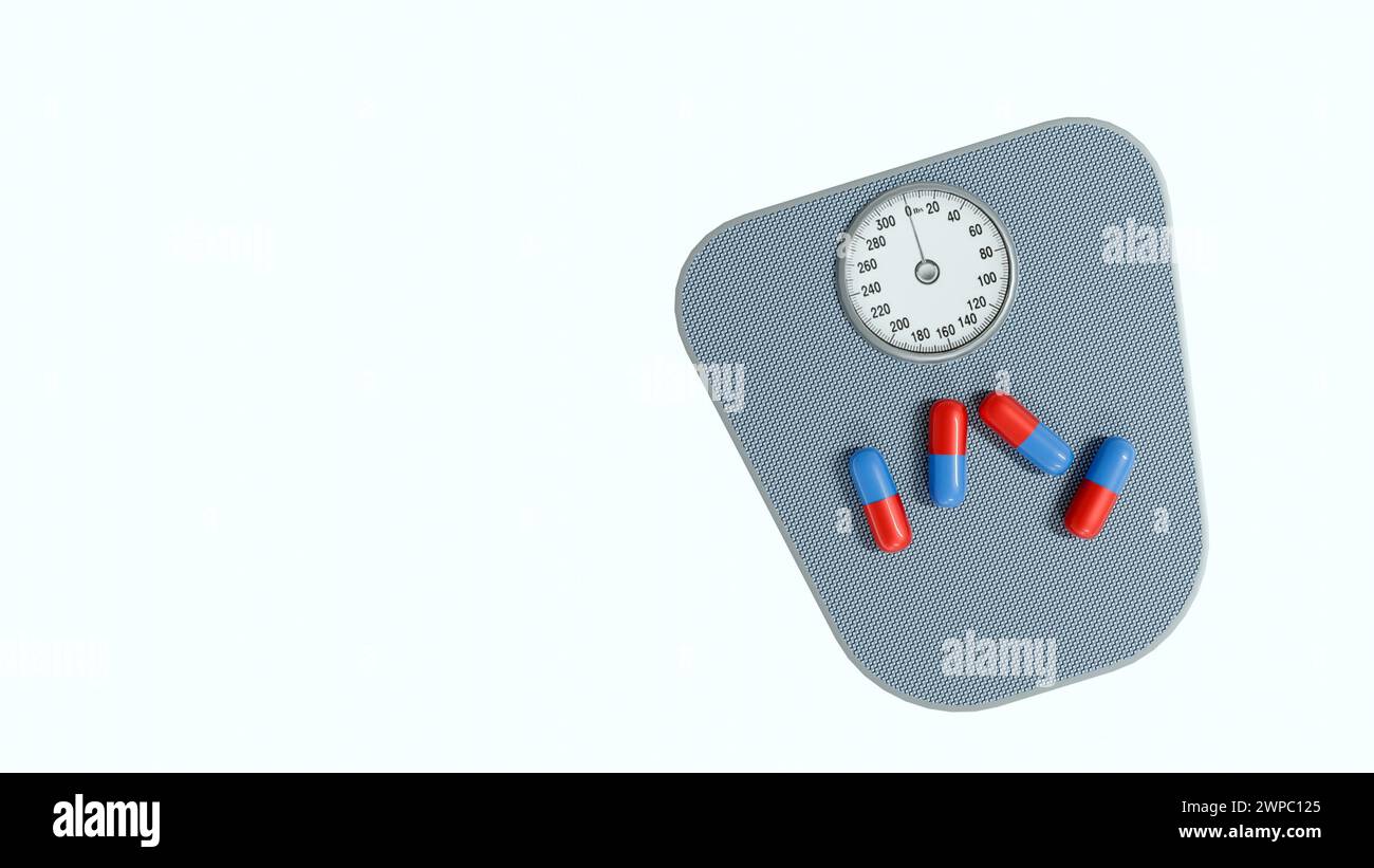3D-Darstellung von Körperwaagen und Medikamentenpillen Stockfoto