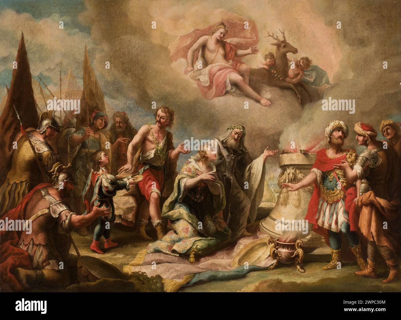 Gemälde aus dem 18. Jahrhundert, in dem Agamemnon Artemis Iphigenie mit Putten und mythologischen mehrstelligen Szenen anbietet. Stockfoto