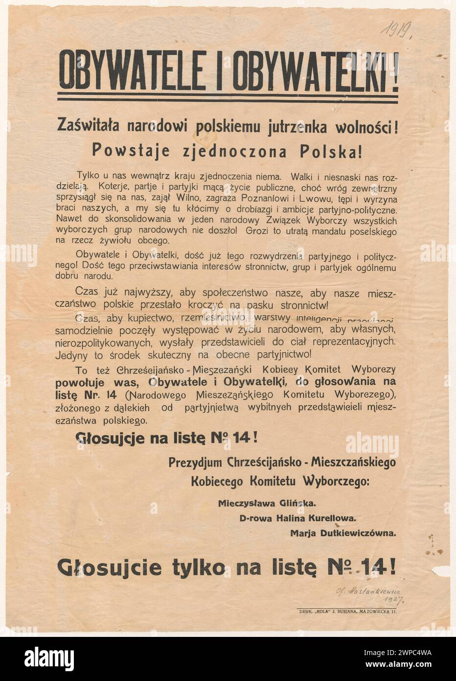 Wahlblatt des christlich-sozialen Frauenwahlkomitees der Nawo-Ausrüstung auf die Liste Nr. 14 des Nationalen Hauptkomitees bei der Wahl des Legislativsejms der Republik Polen 1919; Drukarnia Rola J. Burian (Warschau; FL. CA 1919-CA 1930); 1919 (1919-00-00-1919-00);Maślankiewicz - Sammlung, Poster, Frauenorganisationen, Sejm, Wahlen Stockfoto