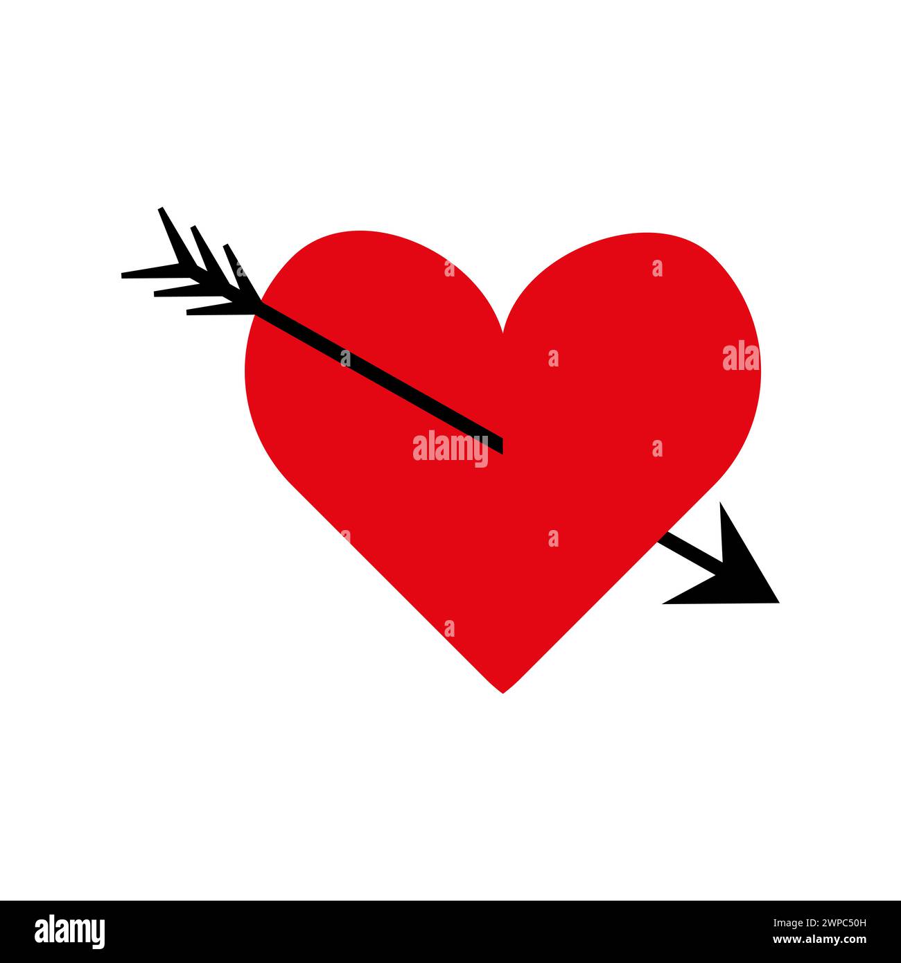 Ein kräftiges rotes Herz, durchbohrt von einem schwarzen Pfeil. Durchstochenes rotes Herz. Symbol „Cupid Pfeil“. Symbol für Liebe und Romantik. Vektorabbildung. EPS 10. Stock Vektor
