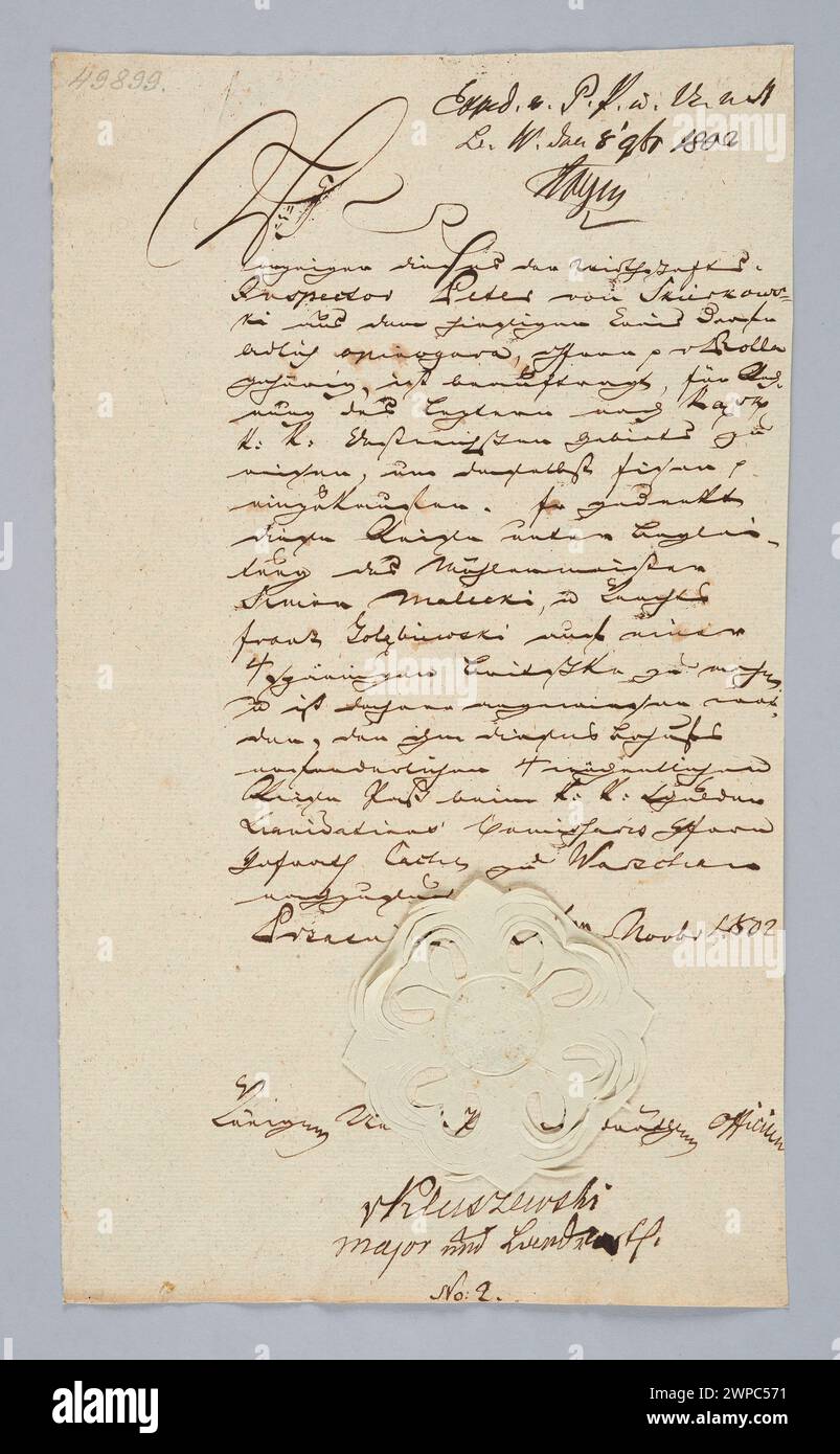 1802 für Verwaltungszwecke verwendete Ausrüstung, die Instrumente der lokalen Verwaltung und der Führung von Aufzeichnungen in Polen darstellt. Stockfoto