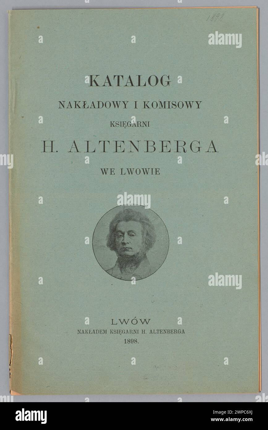 Puder- und auftragskatalog des Buchhandels H. Altenberg in Lemberg, 1898, mit Adam Mickiewicz Porträt auf dem Cover, basierend auf einer 1842 von Herman Altenberg veröffentlichten Daguerreotypie. Stockfoto