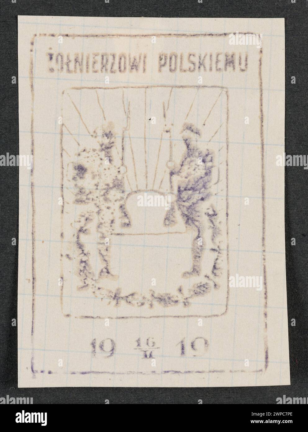 Praxis des Ausgabestempels, der zwei Soldaten zeigt, die sich gegenüber stehen, vor dem Hintergrund der aufgehenden Sonne, und des Textes: Polnischer Soldat 19 16/II 19; 1919 (1914-00-00-1939-00-00); Stockfoto